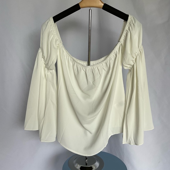 Elegant Off-the-Shoulder White Blouse - Long Sleeve Flowy Top for Feminine Charm - Picture 1 of 4